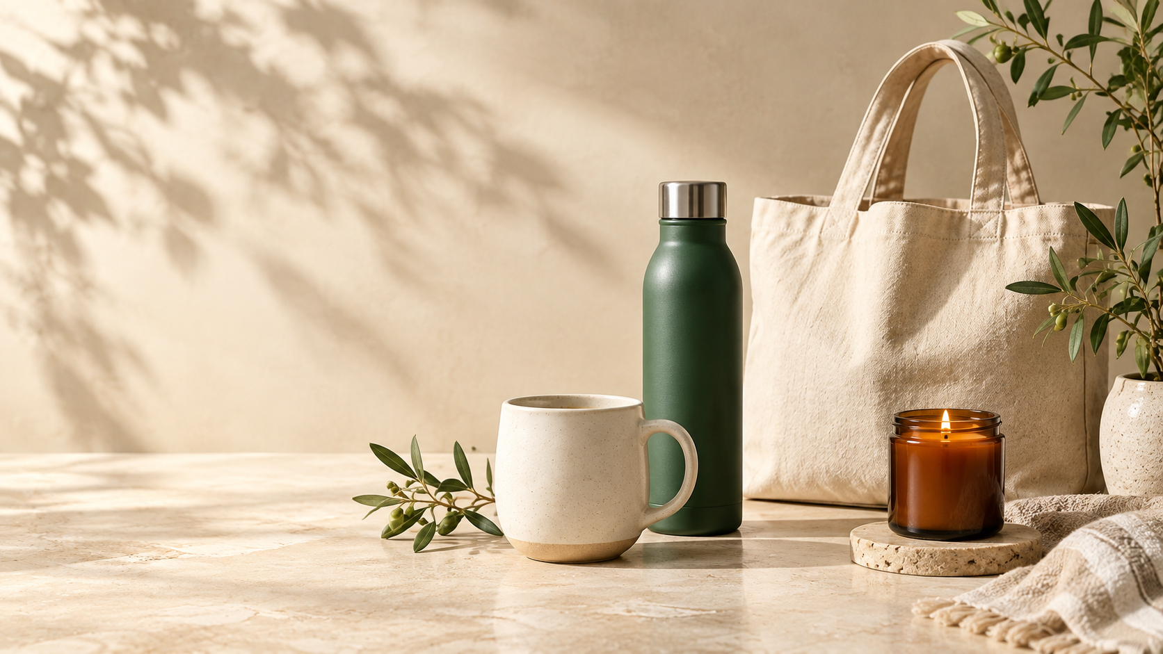 Sunlit collection of a forest-green bottle, ceramic mug, natural canvas tote and amber candle