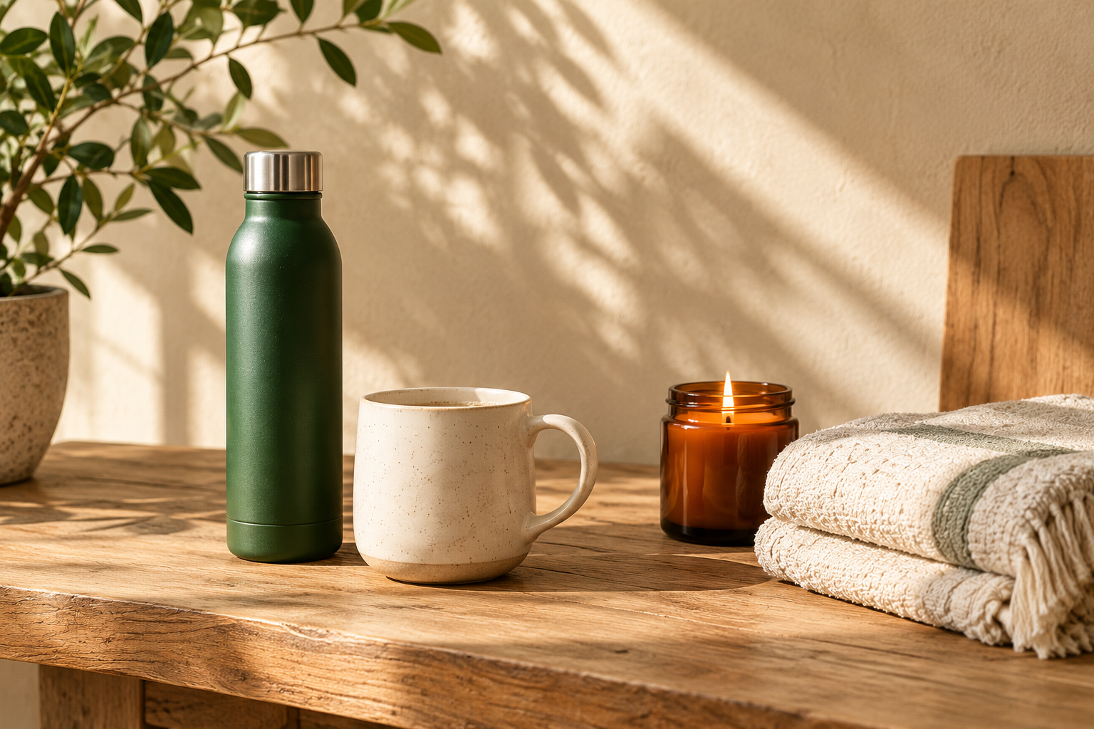 A calm, sunlit still life of a forest-green bottle, cream ceramic mug, amber candle and folded natural cotton towels